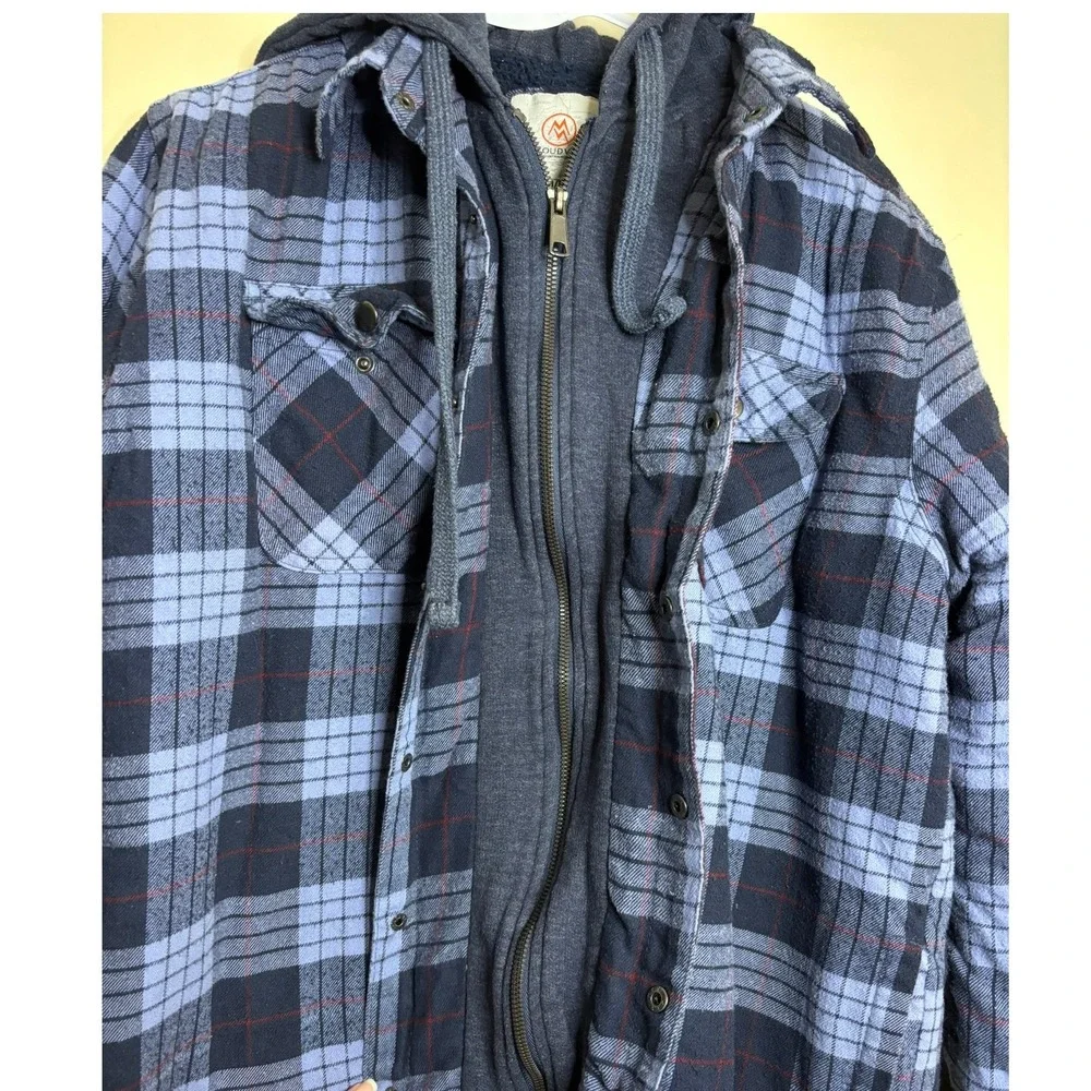 Cloudveil Mens Blue Plaid Sherpa‎ Lined Hooded Flannel Shirt Jacket Medium